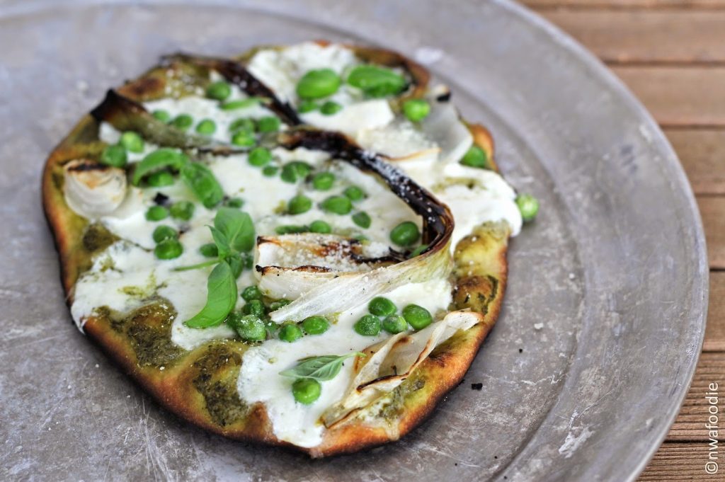 Grilled Spring pizza with spring onions, sweet peas and basic micro greens (c)nwafoodie