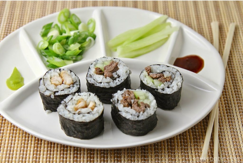 #denigris1889 Chicken and beef teriyaki sushi rolls - on plate (c)nwafoodie AD #ItalianVinegar #DrizzleFlavor