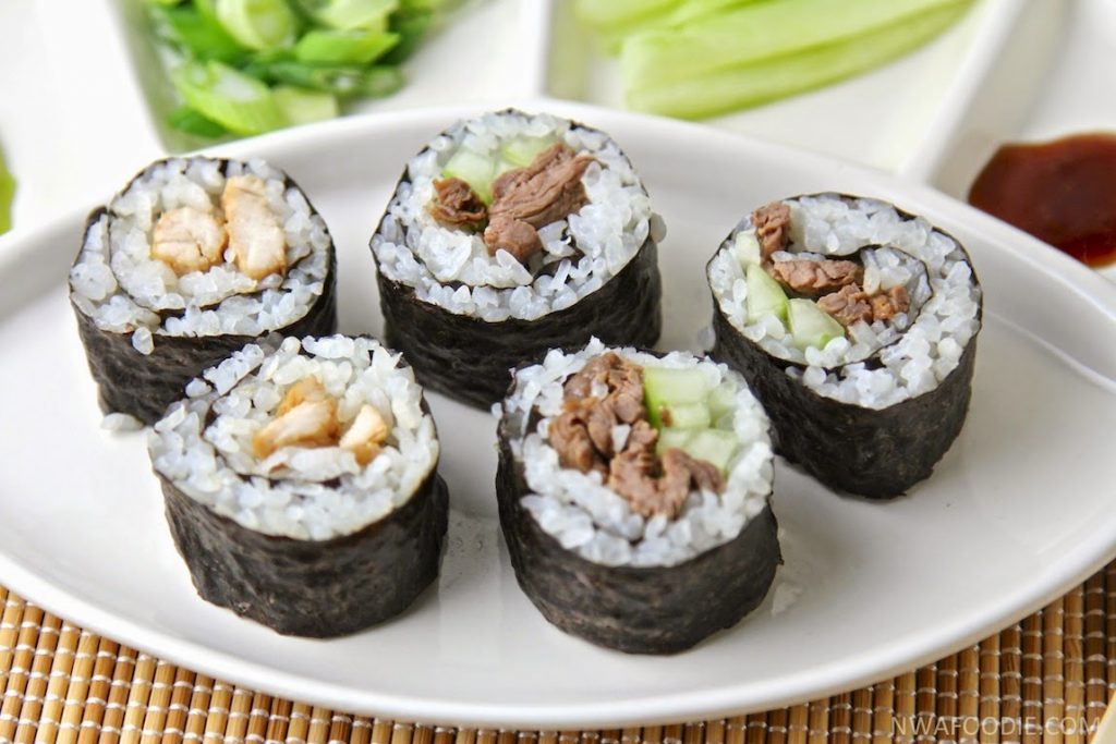 #denigris1889 Chicken and beef teriyaki sushi rolls - up close (c)nwafoodie AD #ItalianVinegar #DrizzleFlavor