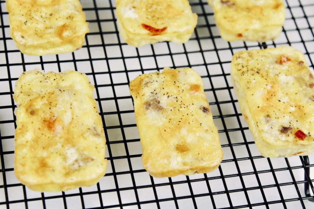 close up photo of starbucks egg bites in the oven recipe (c)thejoyofeatingwell
