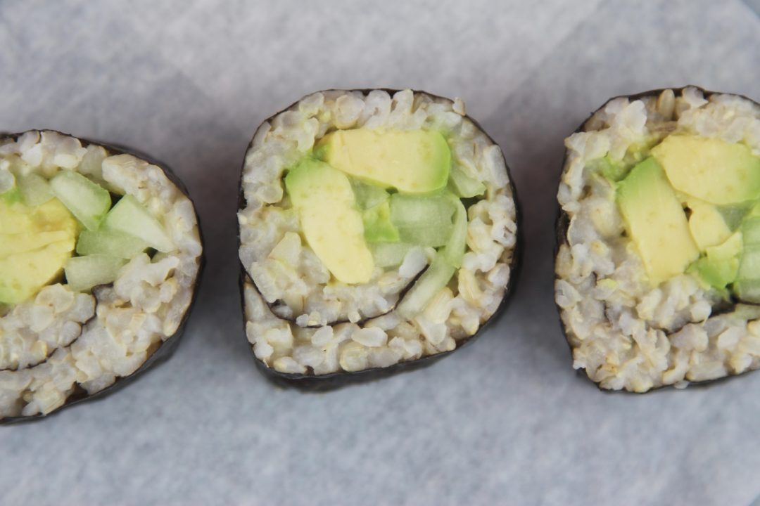 make your own avocado cucumber and brown rice sushi - overhead (c)nwafoodie AD