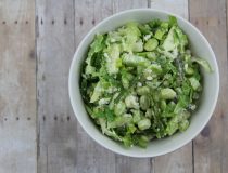 Ad. Layered green and white edamame vegetable salad - #ARSoyStory, #themiraclebean, Arkansas Soybean Promotion Board - recipe (c)nwafoodie