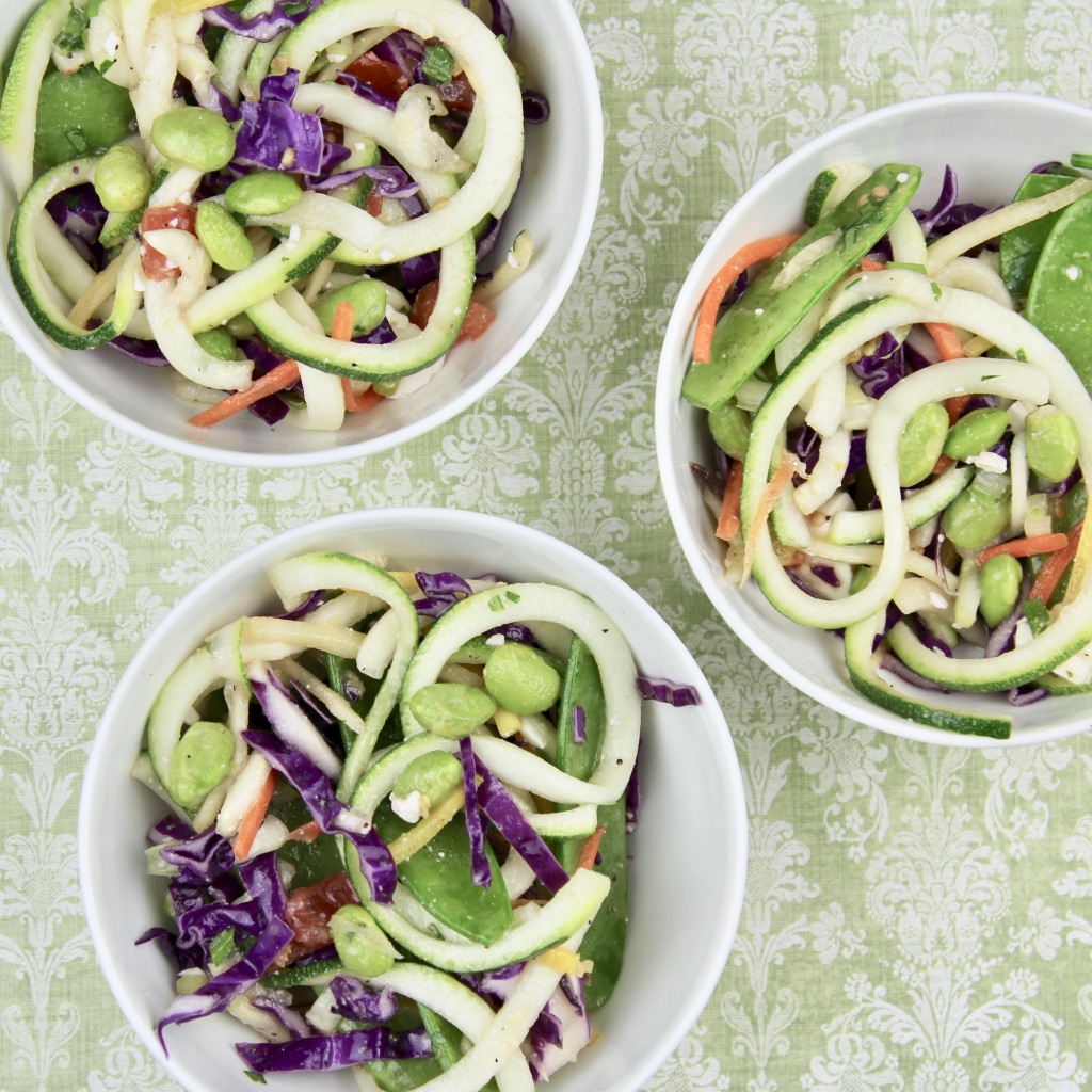 #ad #ARSoyStory #TheMiracleBean Arkansas Soybean Promotion Board - Crisp and crunchy zucchini noodle salad - overhead (c)nwafoodie