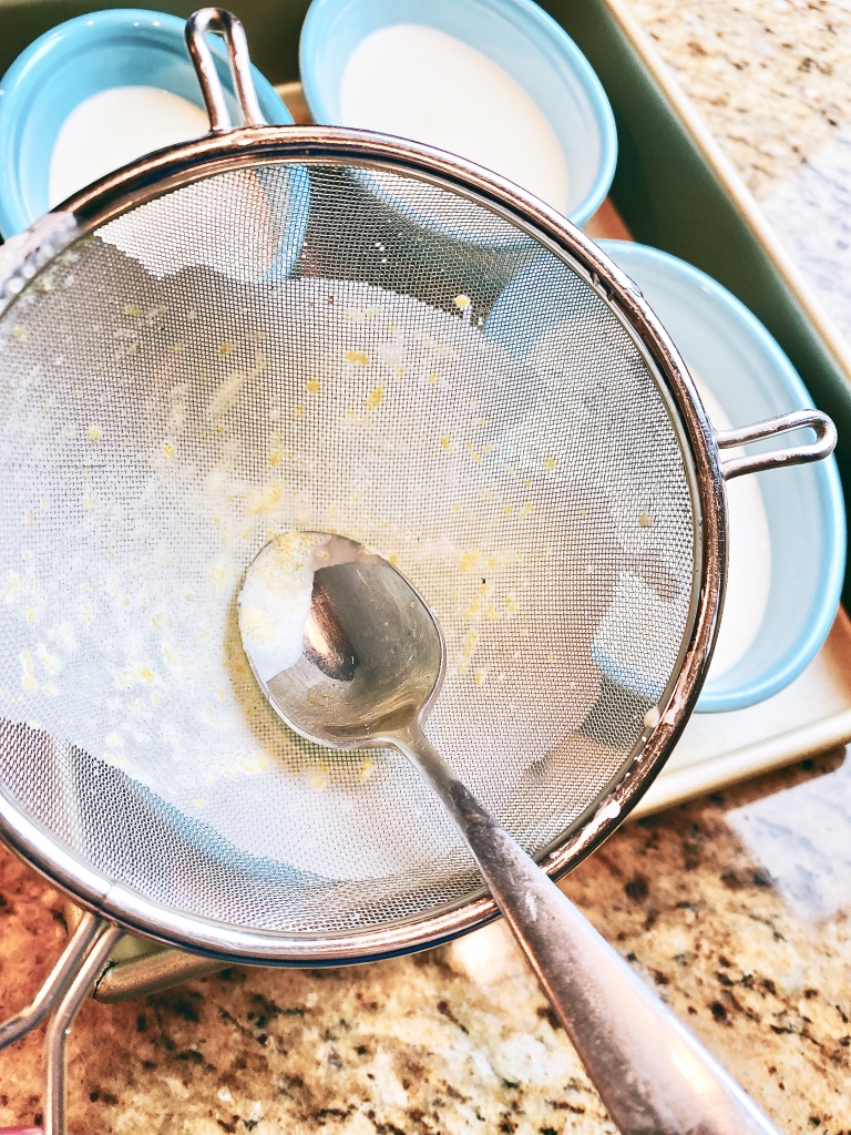 Instant Pot pressure cooker crème brulee with a touch of lemon - strain lemon (c)simplejoyfulfood