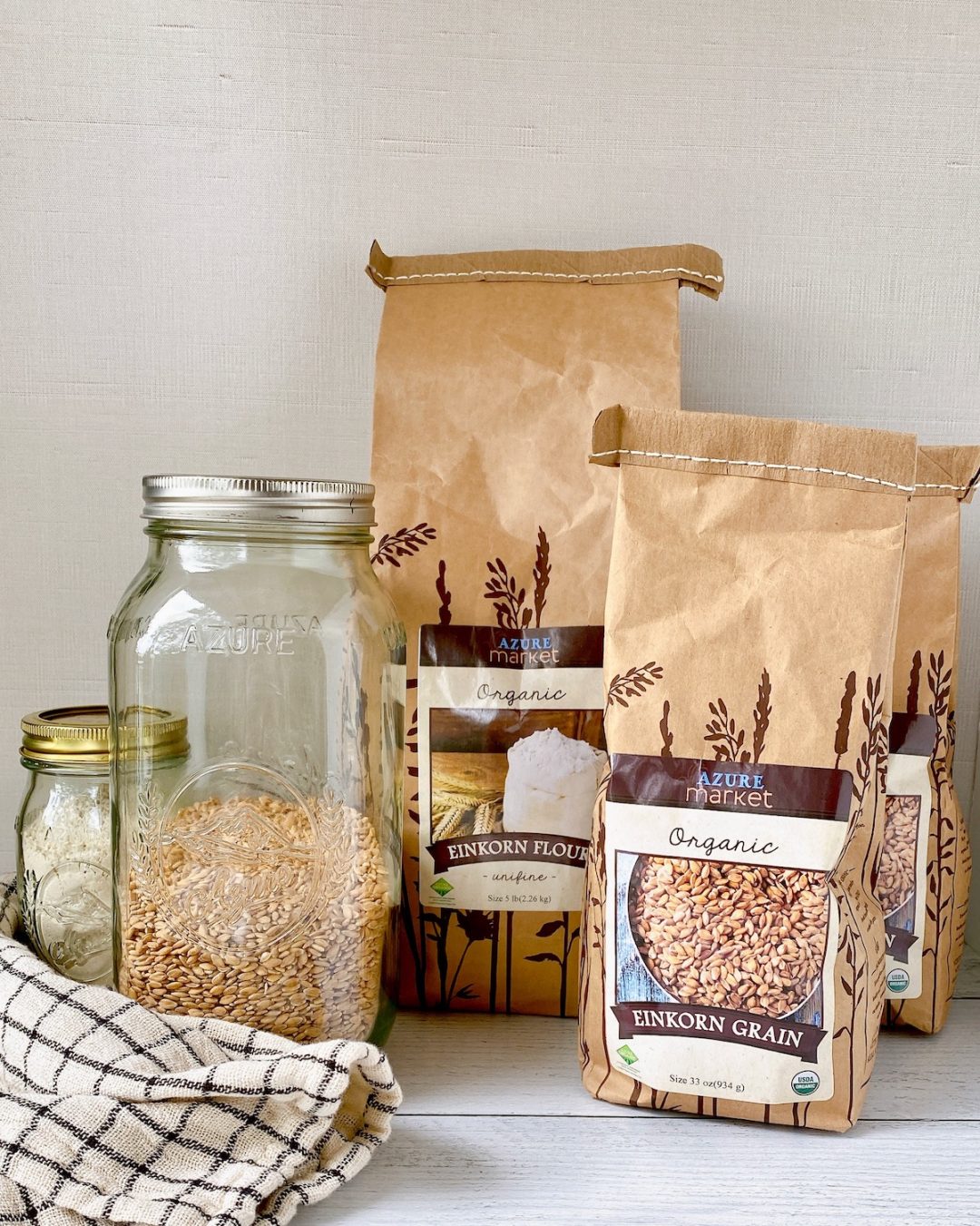 group of bulk flours in a jar and bags