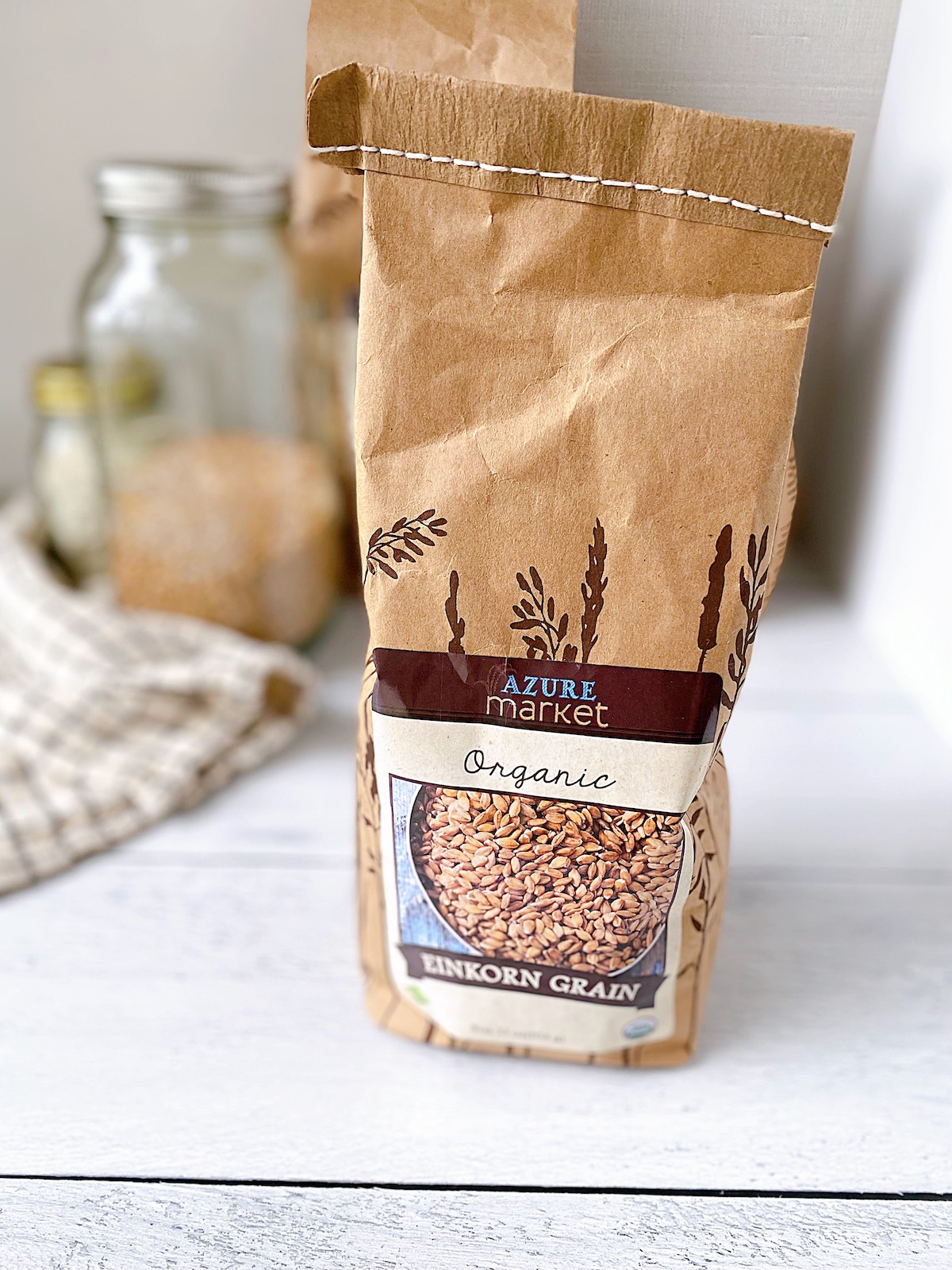 up close photo of a bag  of Azure Wheat berries