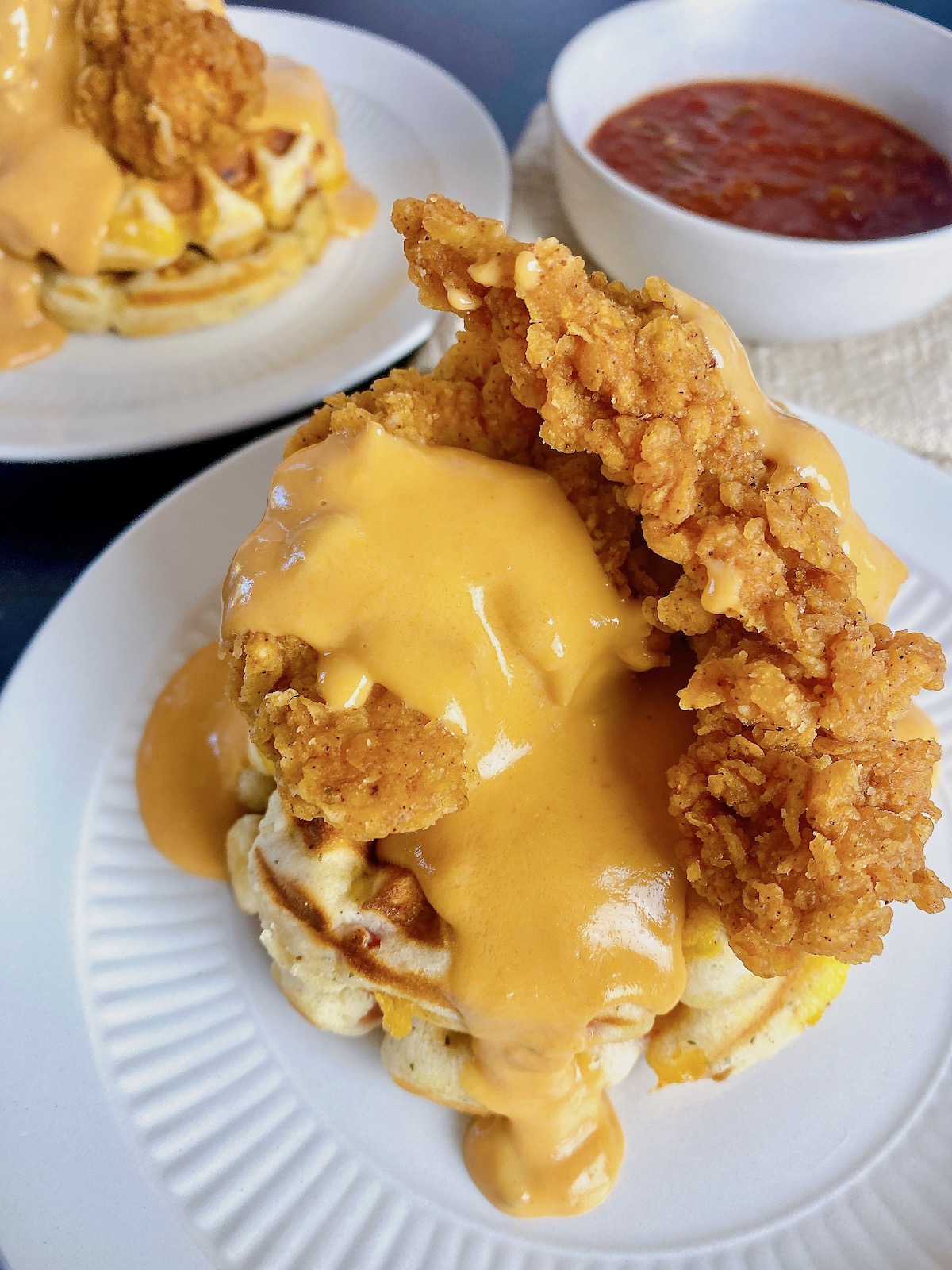 Chili Con Queso Chicken and Waffles - overhead with salsa (c)simplejoyfulfood.jpeg